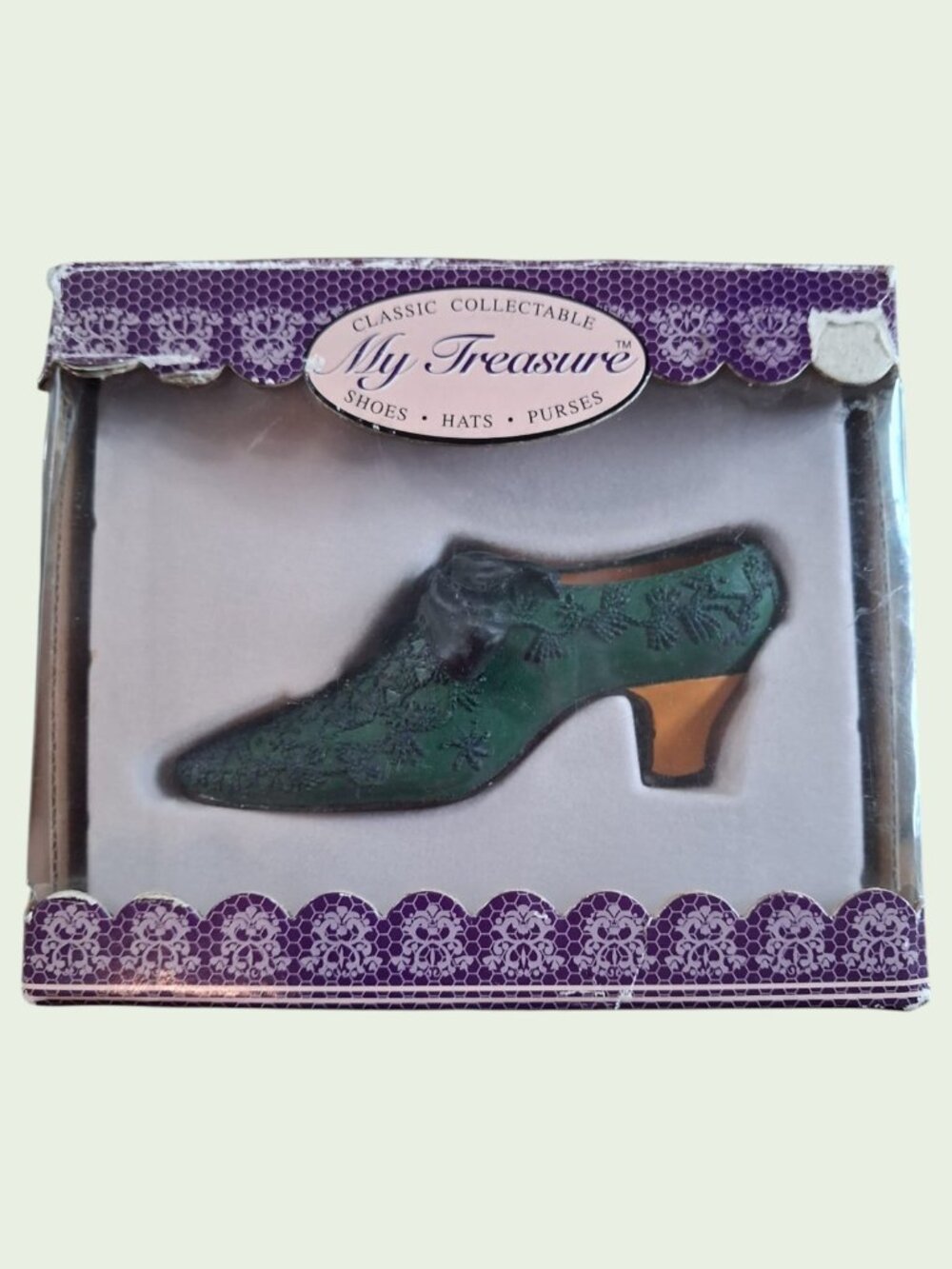 Vintage My Treasure Green Heel Mini Shoe 1999 Kingsbridge Resin Collectible NEW